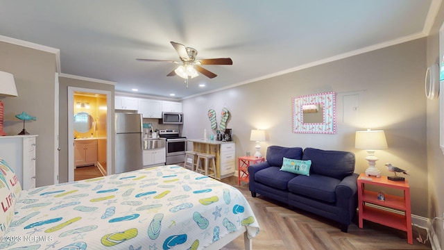 bedroom featuring ceiling fan, stainless steel fridge, ensuite bathroom, light parquet floors, and ornamental molding