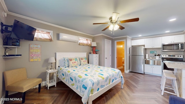 bedroom with stainless steel refrigerator, ceiling fan, dark parquet floors, and a wall mounted AC