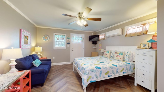 bedroom with a wall mounted air conditioner, dark parquet flooring, ceiling fan, and ornamental molding