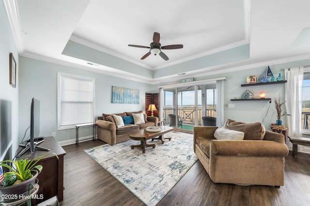 living room with ceiling fan, a healthy amount of sunlight, and a tray ceiling