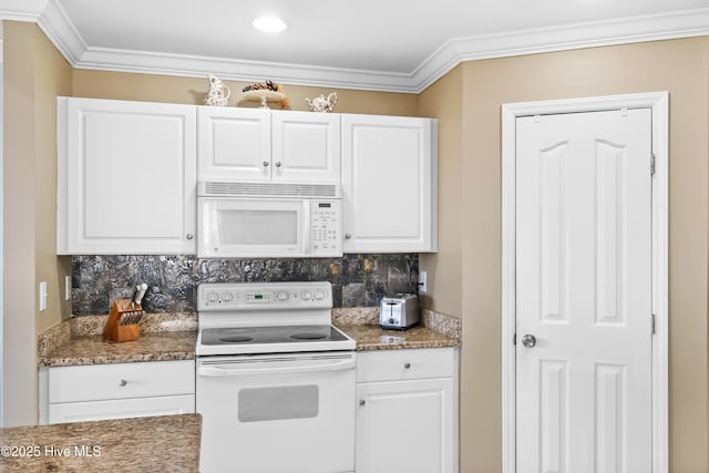 kitchen with white cabinetry, crown molding, white appliances, and backsplash