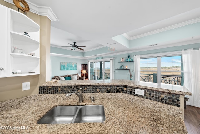 kitchen featuring dark hardwood / wood-style flooring, a raised ceiling, ceiling fan, crown molding, and sink