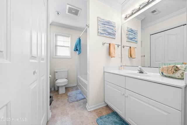 full bathroom with vanity, toilet, shower / bathtub combination with curtain, and ornamental molding