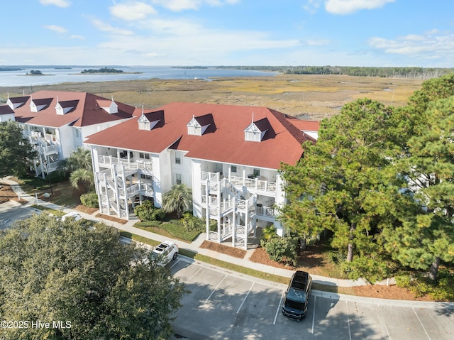 aerial view featuring a water view