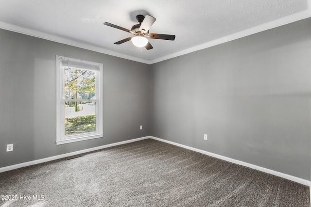 carpeted spare room featuring ceiling fan, crown molding, and a textured ceiling