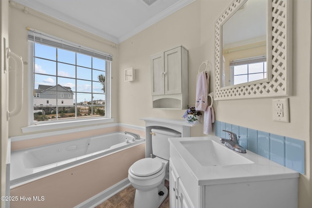 bathroom featuring a washtub, vanity, toilet, and ornamental molding