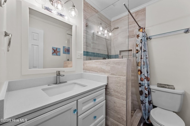 bathroom featuring toilet, vanity, ornamental molding, and walk in shower