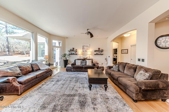 living room with ceiling fan and light wood-type flooring