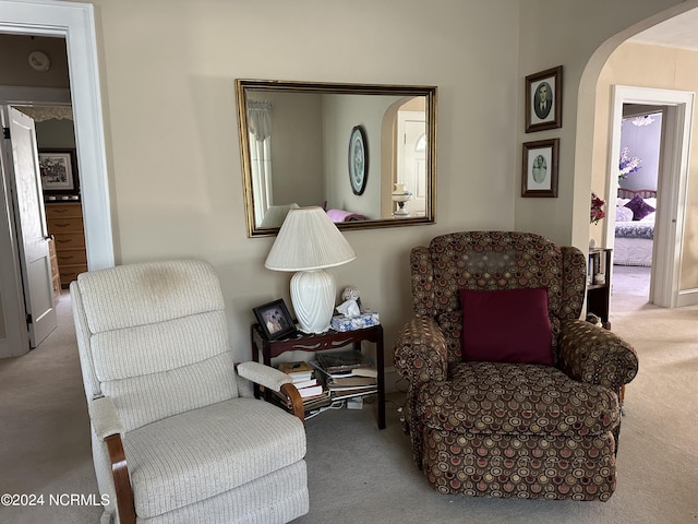 living area featuring light carpet