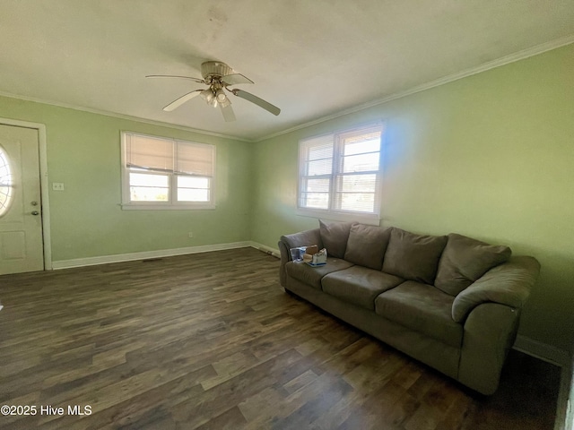 living room featuring ceiling fan, ornamental molding, and dark wood-type flooring