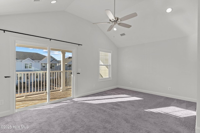 interior space featuring high vaulted ceiling, ceiling fan, and carpet flooring