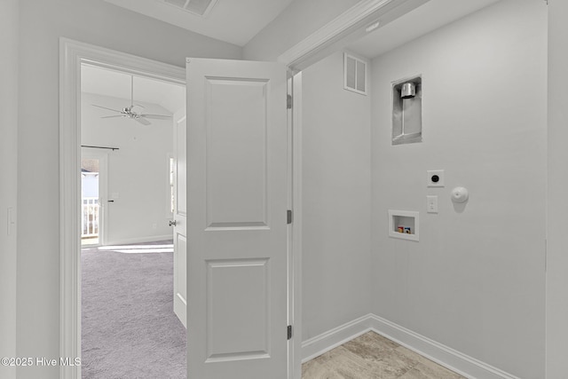 laundry room featuring gas dryer hookup, washer hookup, light colored carpet, ceiling fan, and hookup for an electric dryer