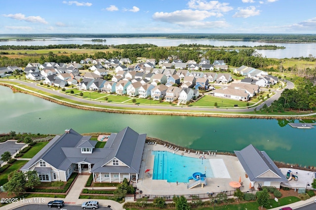 drone / aerial view featuring a water view