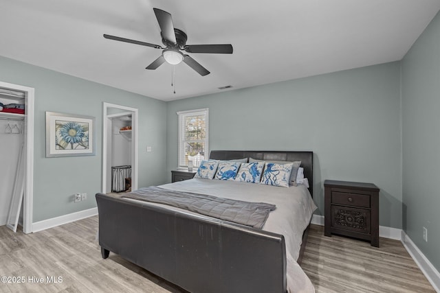 bedroom with ceiling fan and light hardwood / wood-style floors