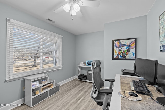 home office with ceiling fan and light wood-type flooring