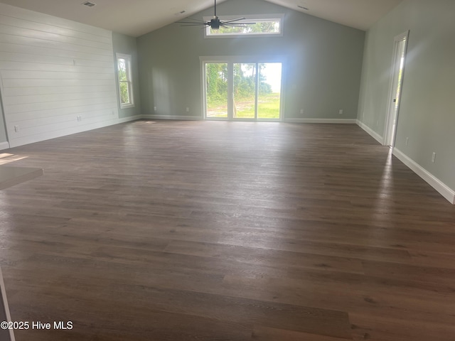 unfurnished room featuring ceiling fan, high vaulted ceiling, and dark hardwood / wood-style floors