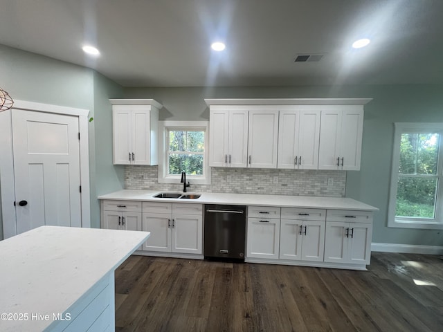 kitchen with backsplash, white cabinetry, sink, and stainless steel dishwasher