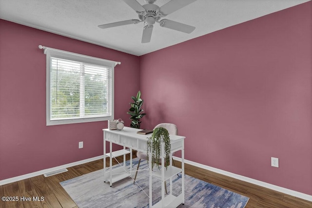 office area featuring ceiling fan and wood-type flooring