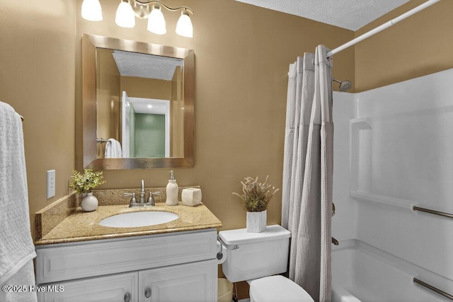 full bathroom with toilet, a textured ceiling, shower / bath combination with curtain, and vanity