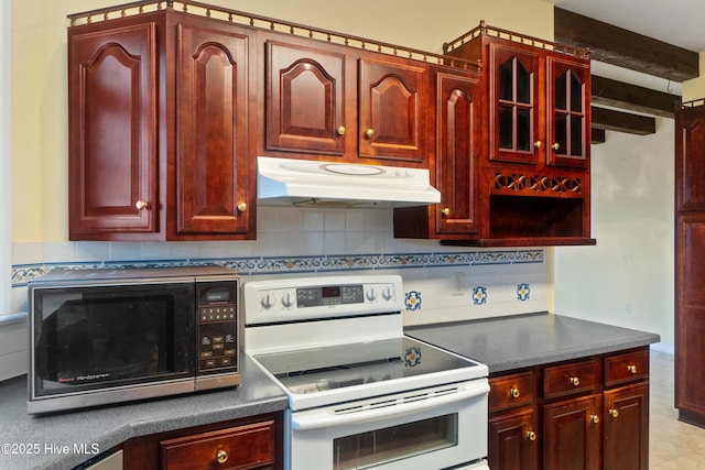 kitchen featuring white range with electric stovetop, beam ceiling, and backsplash