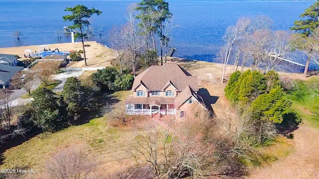 drone / aerial view featuring a water view