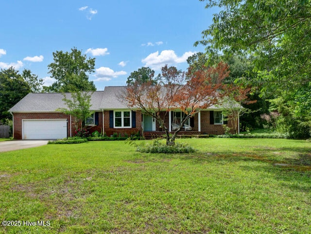 ranch-style house with a front yard and a garage