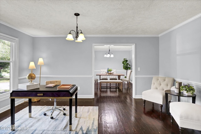 office featuring dark hardwood / wood-style floors, ornamental molding, a textured ceiling, and an inviting chandelier