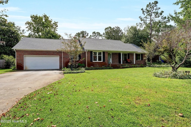 ranch-style home with a garage and a front yard