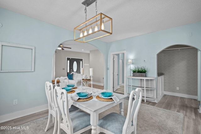 dining room featuring ceiling fan with notable chandelier, hardwood / wood-style floors, and a textured ceiling