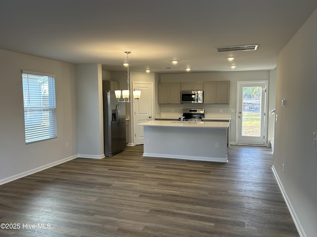 kitchen with pendant lighting, a center island with sink, gray cabinets, and stainless steel appliances