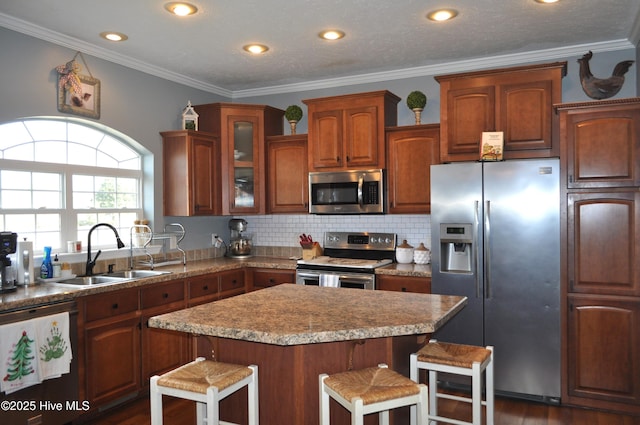 kitchen with appliances with stainless steel finishes, a kitchen island, a kitchen breakfast bar, and sink