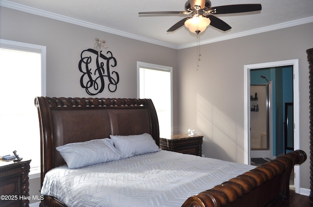 bedroom featuring ceiling fan, ornamental molding, and multiple windows