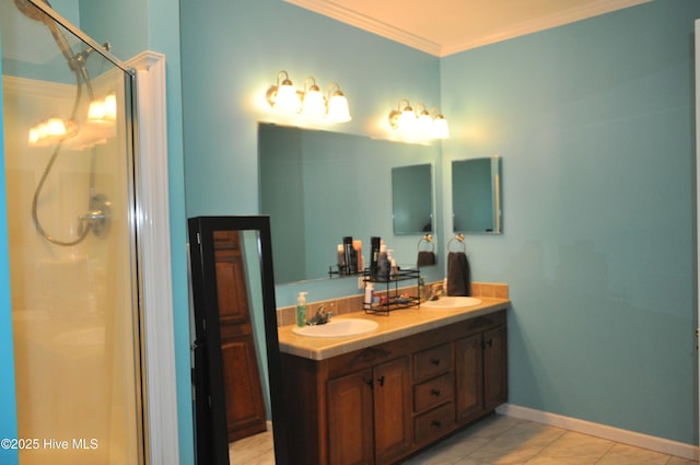 bathroom with tile patterned flooring, vanity, an enclosed shower, and crown molding