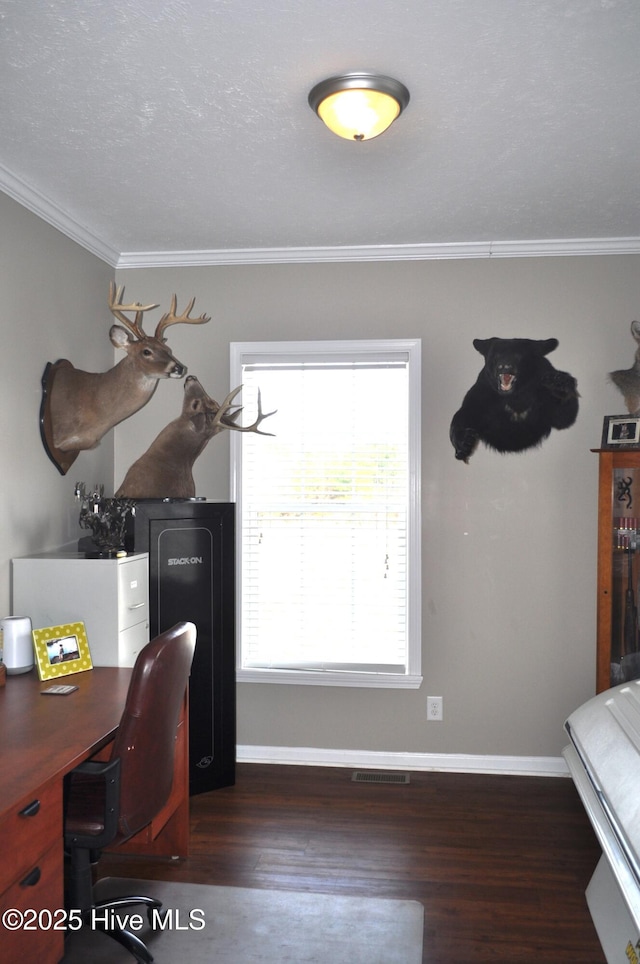 office with crown molding and dark wood-type flooring