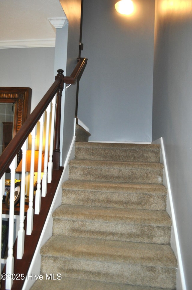 stairway featuring ornamental molding