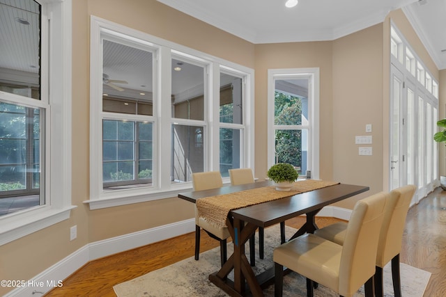 dining room with ornamental molding, ceiling fan, baseboards, and wood finished floors