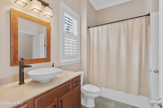 full bath featuring toilet, shower / bath combo with shower curtain, ornamental molding, vanity, and tile patterned floors