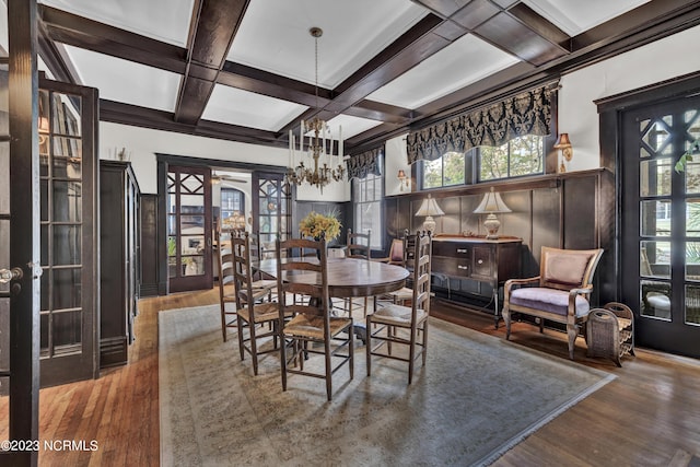 dining room featuring coffered ceiling, hardwood / wood-style floors, and french doors