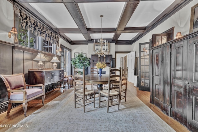 dining room with coffered ceiling, wood finished floors, beam ceiling, and a notable chandelier