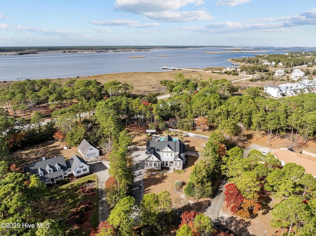 aerial view featuring a water view