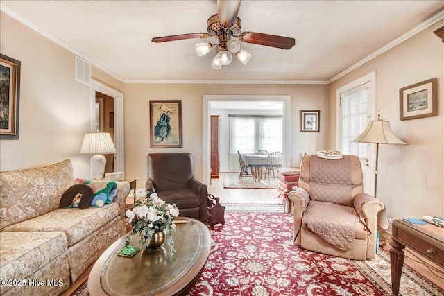 living room featuring ceiling fan and crown molding