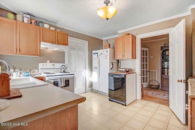 kitchen with light brown cabinets, sink, white appliances, and crown molding