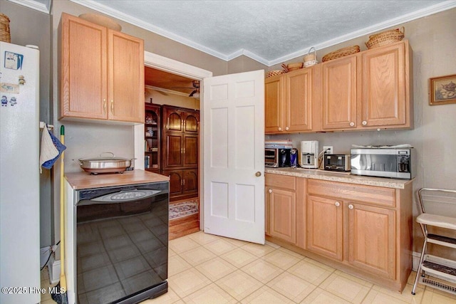 kitchen with light brown cabinets, white refrigerator, crown molding, a textured ceiling, and black dishwasher