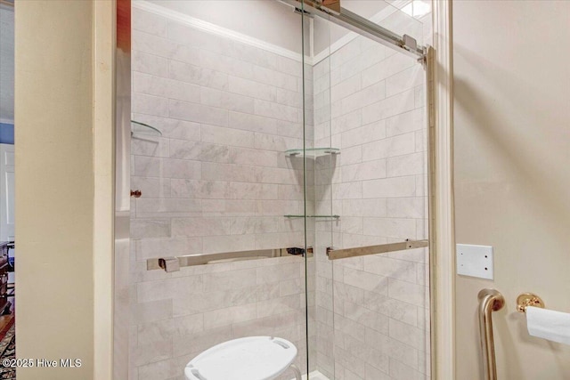 bathroom featuring a shower with door