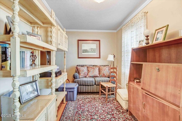 living area featuring a textured ceiling and ornamental molding