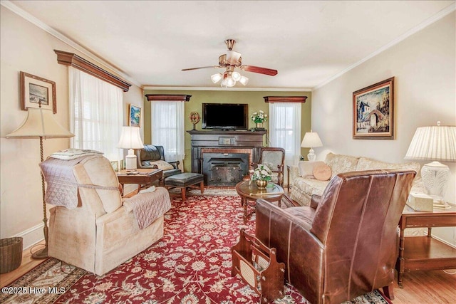 living room featuring hardwood / wood-style flooring, ceiling fan, and crown molding