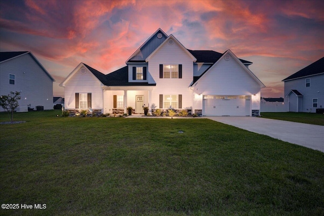 2022 Tarpon Trl, New Bern, NC 28562 - traditional-style home with concrete driveway, a lawn, stone siding, and board and batten siding