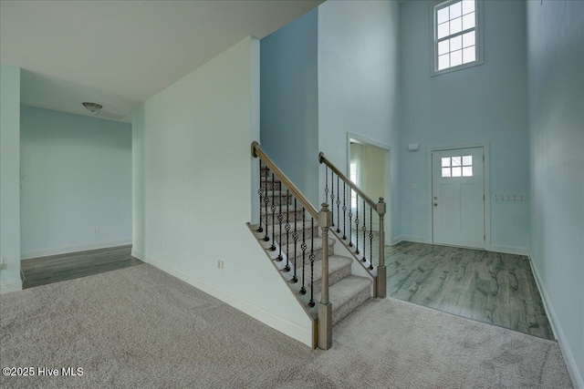 2022 Tarpon Trl, New Bern, NC 28562 - entrance foyer featuring carpet floors, baseboards, wood finished floors, a towering ceiling, and stairs