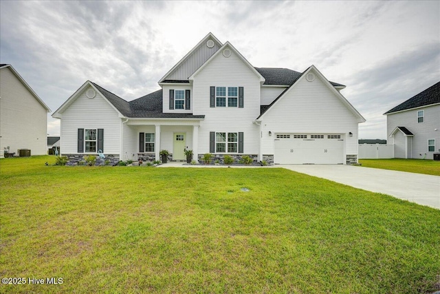2022 Tarpon Trl, New Bern, NC 28562 - craftsman inspired home featuring stone siding, driveway, cooling unit, and a front lawn