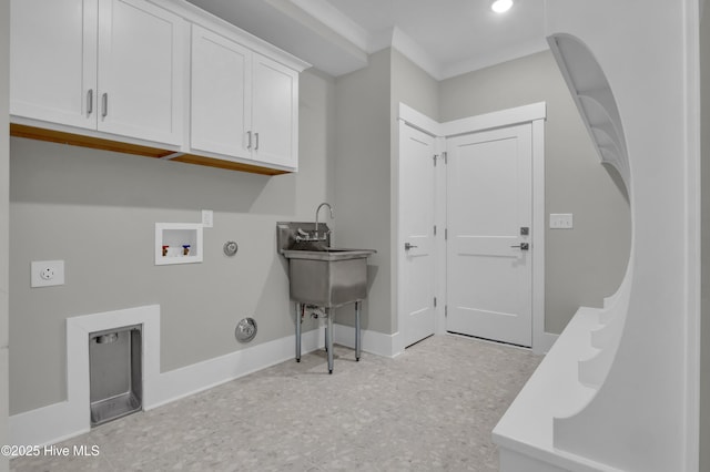 laundry room with sink, cabinets, hookup for a gas dryer, hookup for a washing machine, and ornamental molding